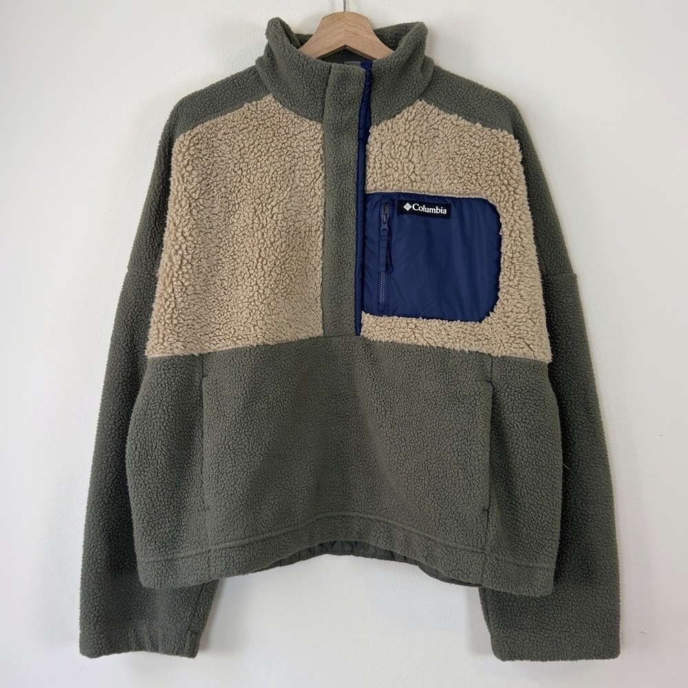 Columbia Lodge Sherpa Pullover Womens Half Button Olive Green Fleece Sweatshirt
